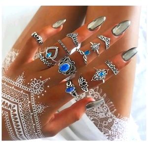 Antique silver 13 piece boho blue crystal stackable lotus flower ring set